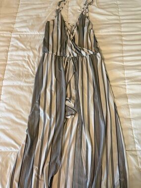 Striped Cream and Black Tie-Front Wide-Leg Romper